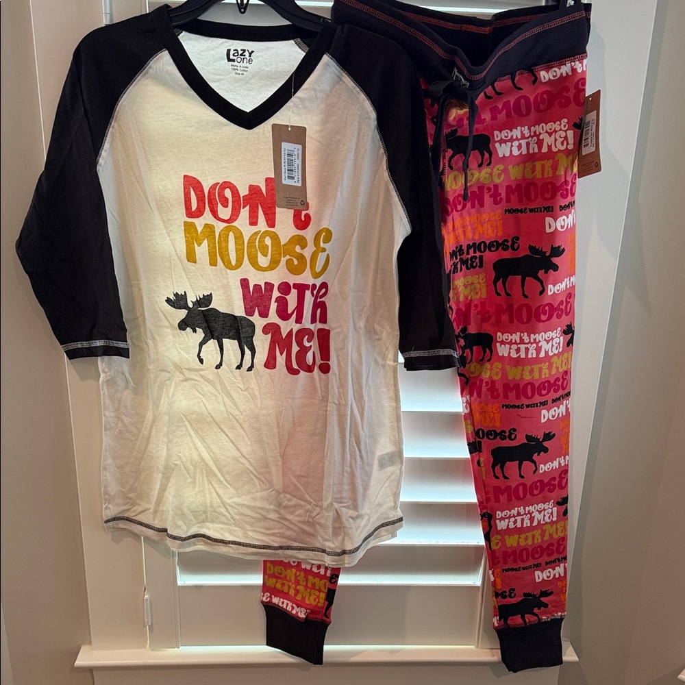Lazy One Womens Pajama Set - Brown, cream, and coral Moose Design Sz L
